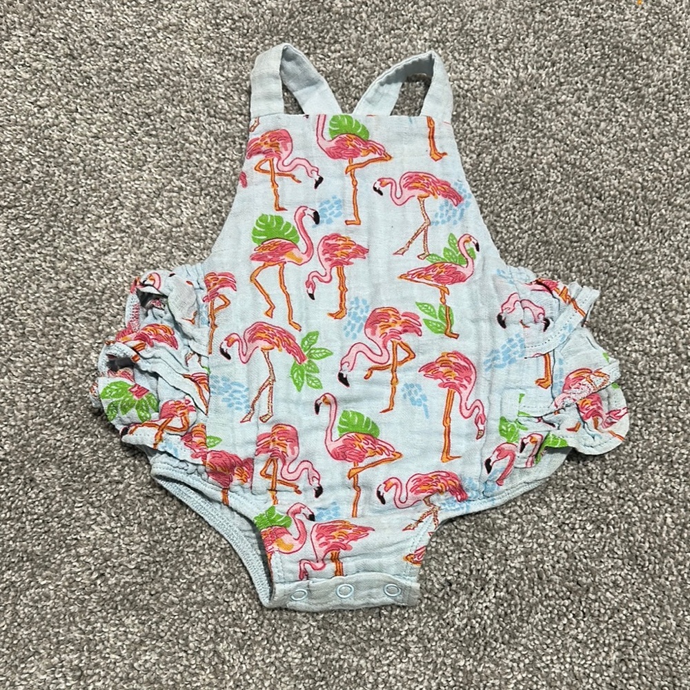 Mud Pie Light Blue Flamingo Ruffle One-Piece